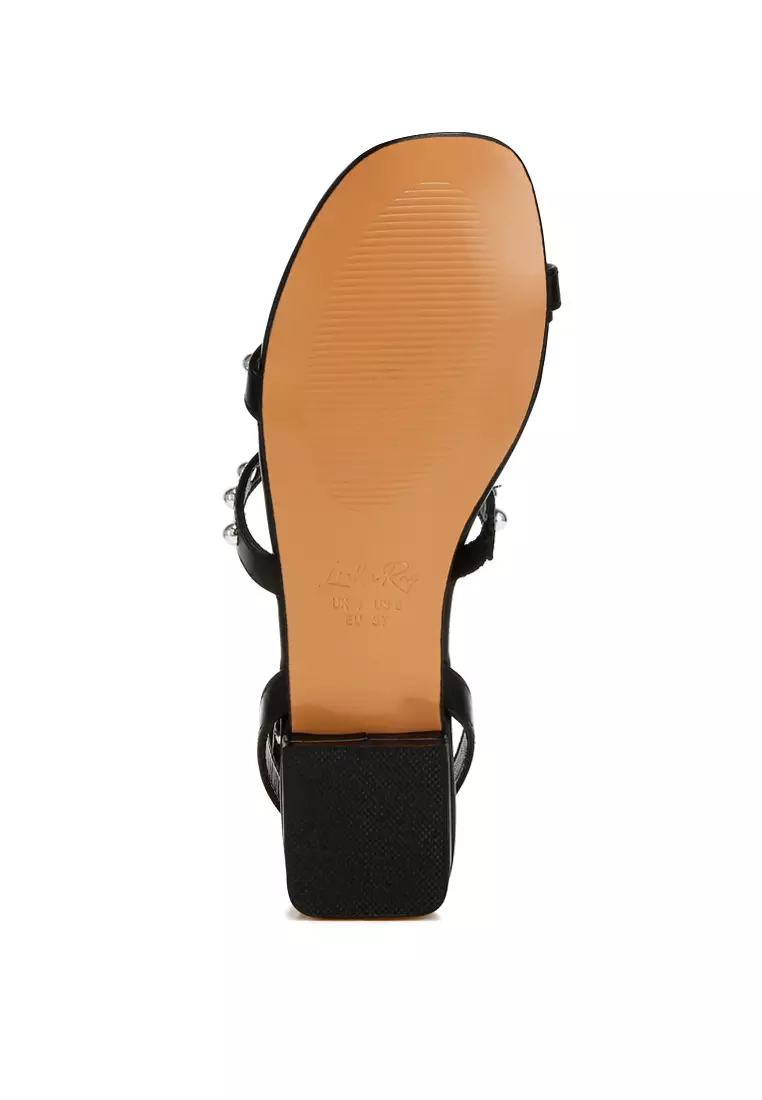 Studded Ankle Strap Flat Sandals in Black