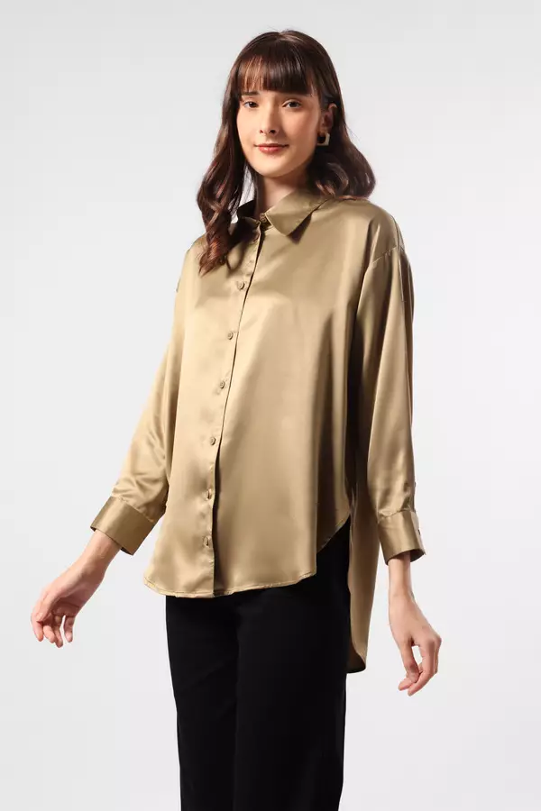 MINIMAL - Nourra - Kemeja Satin Relaxed Fit - Khaky Colour Khaky_Dark