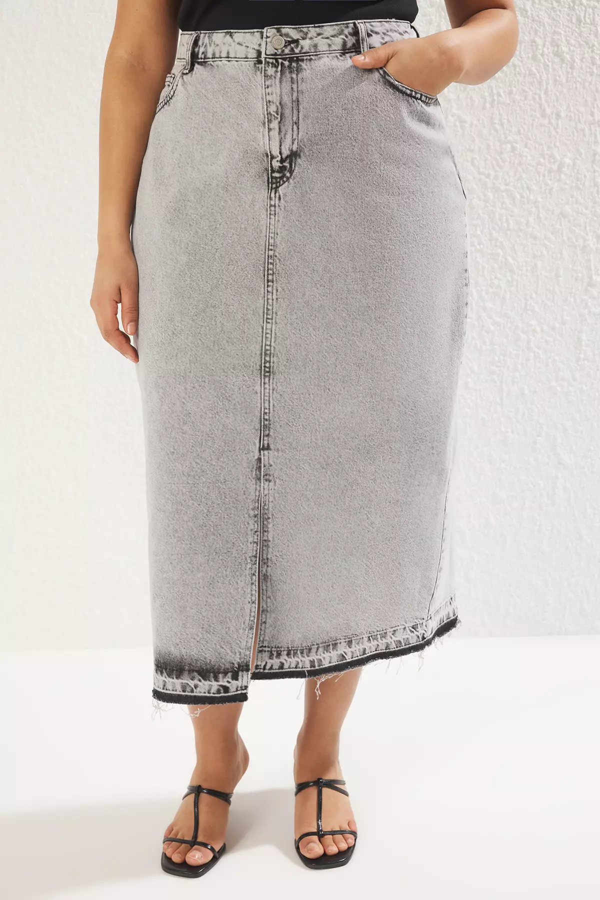 Plus Size High Waist Denim Midi Skirt