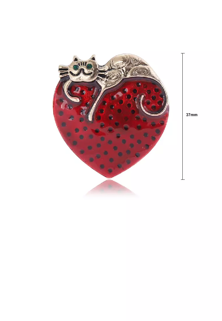 Simple Fashion Plated Gold Cat Enamel Red Heart Brooch