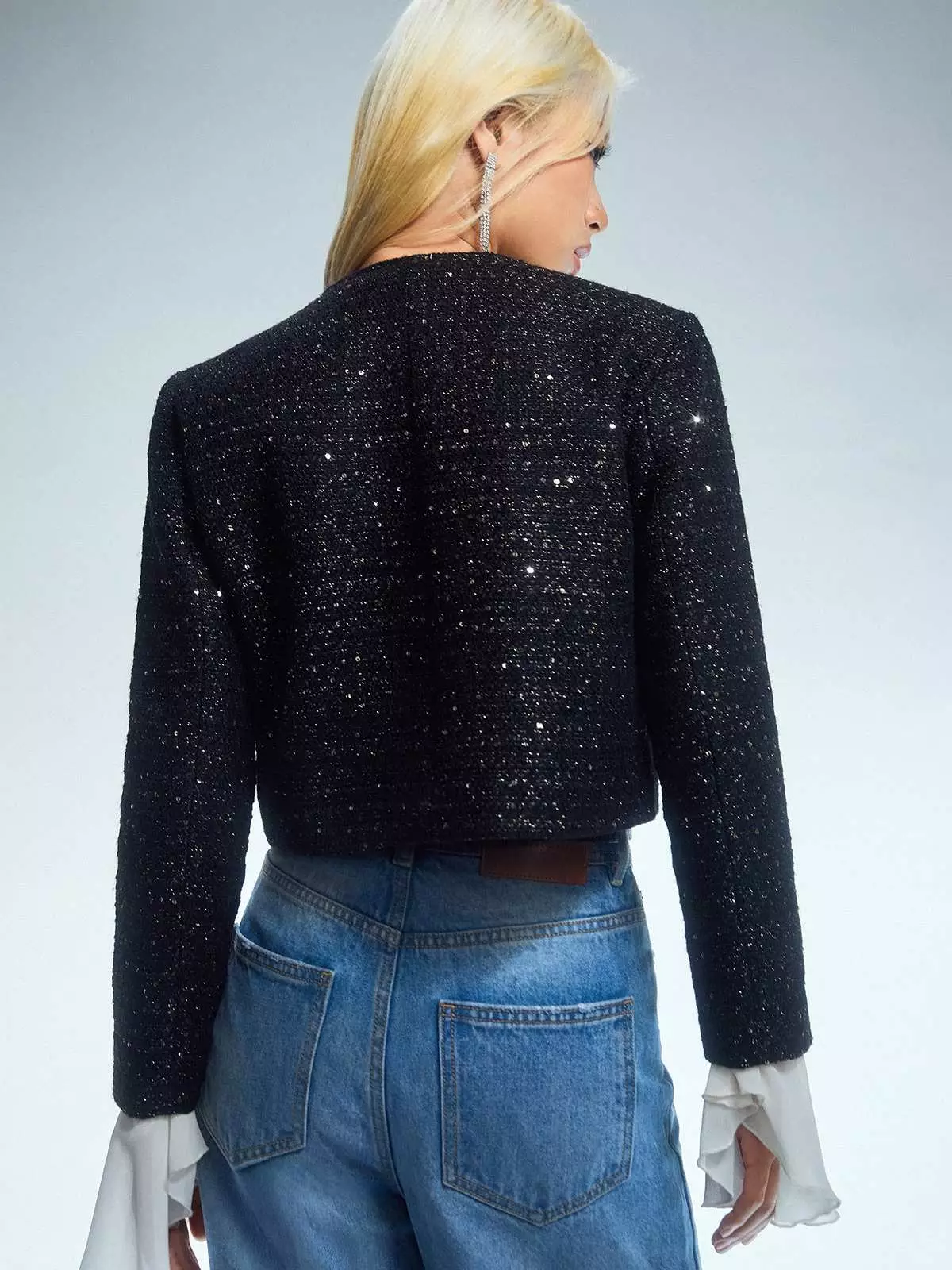 Pomelo - Blazer Wanita - Cropped Tweed Blazer - Black