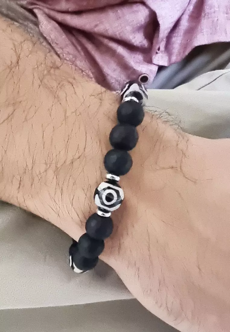 Aksesoris Pria Men's Accessories Tribal Agate Obsidian Beads Macrame Men's Bracelet Gelang Pria Black & Silver