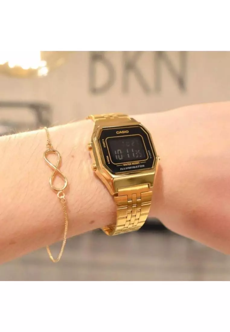 Women's Vintage LA680WGA-1BDF Digital Watch Gold Stainless Steel Band Watch for ladies