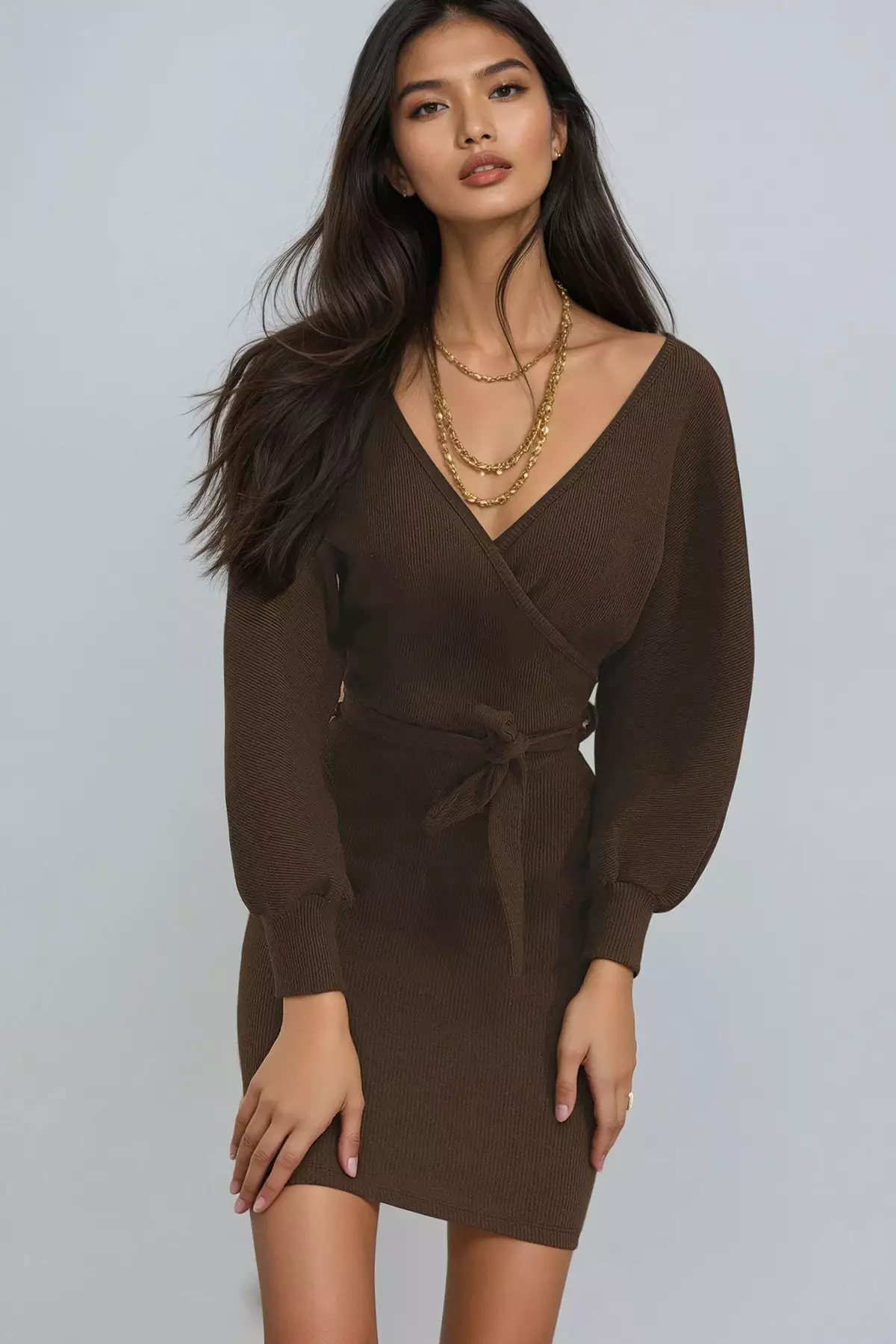 Women's Dark Brown Double-Breasted Batwing Sleeve Waist Belted Camisole Dress Alc-X7623