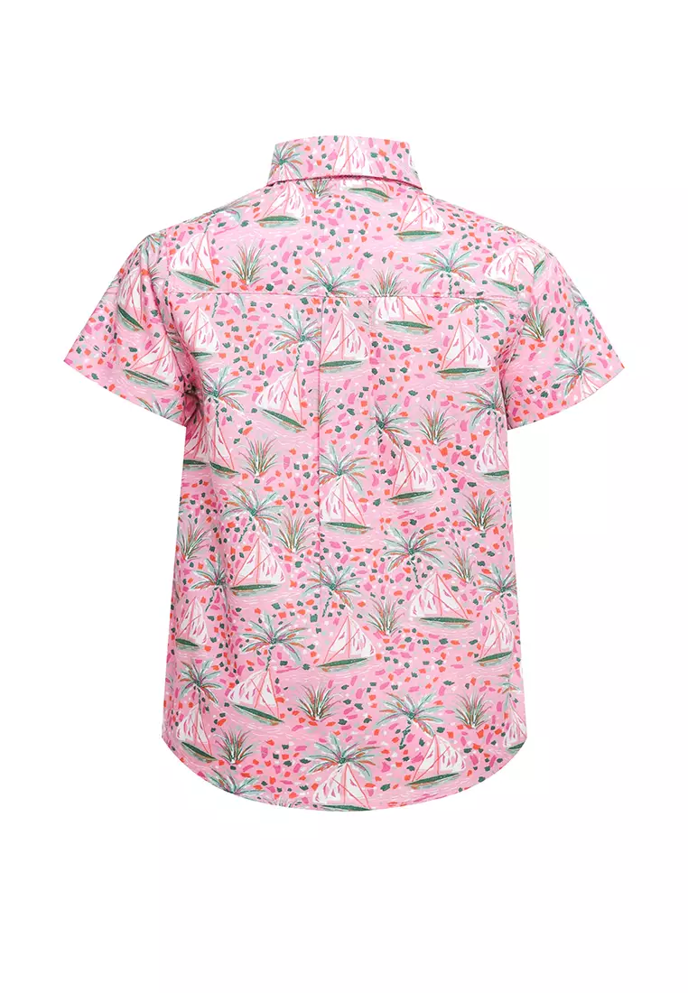 Qna Boy Bildad Kemeja Pendek Anak Pink Motif daun abstrak
