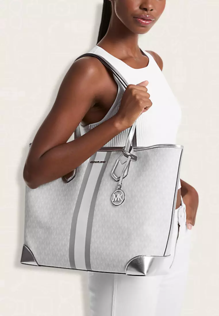 Michael Kors Eva Large Metallic Signature Logo Stripe Tote Bag Optic White