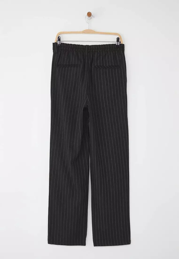 Black Striped Pleated Classic Baggy Fit Fabric Pants Tmnss24Pl00024