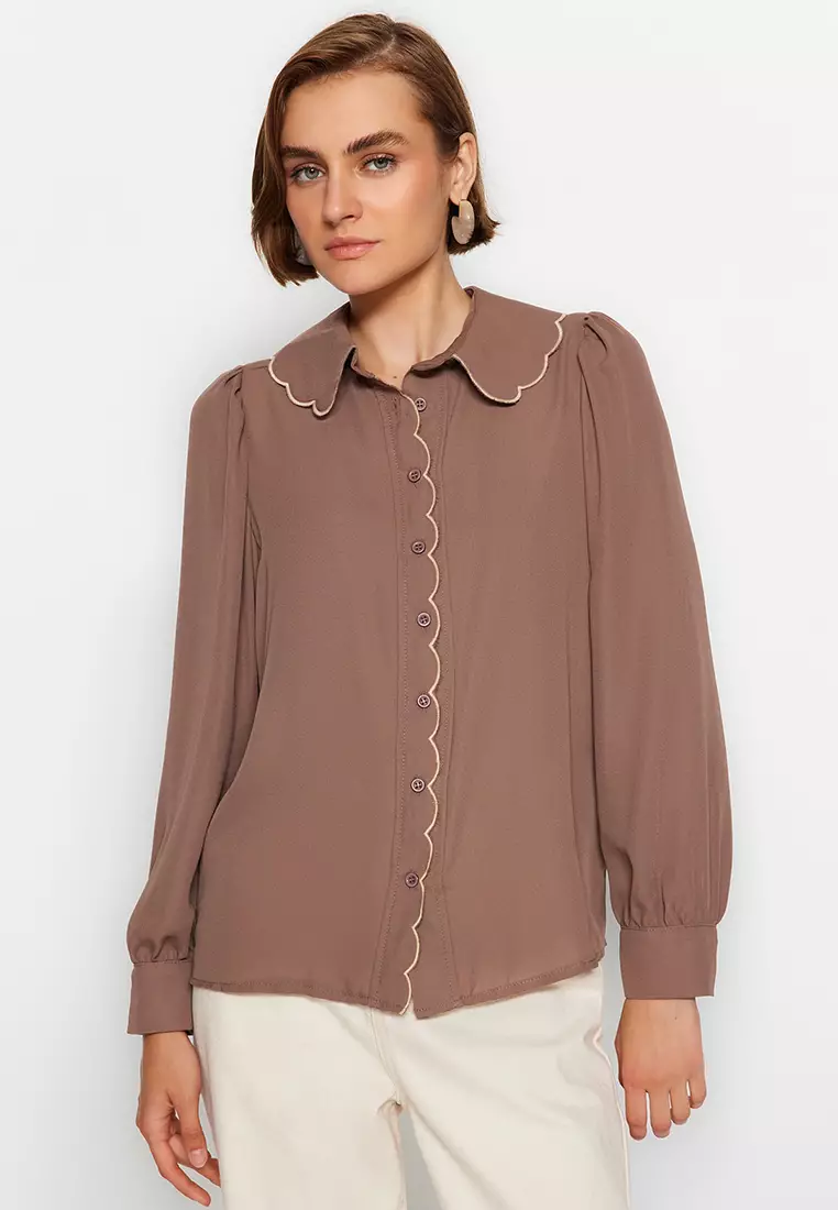 Scallop Trim Long Sleeves Blouse