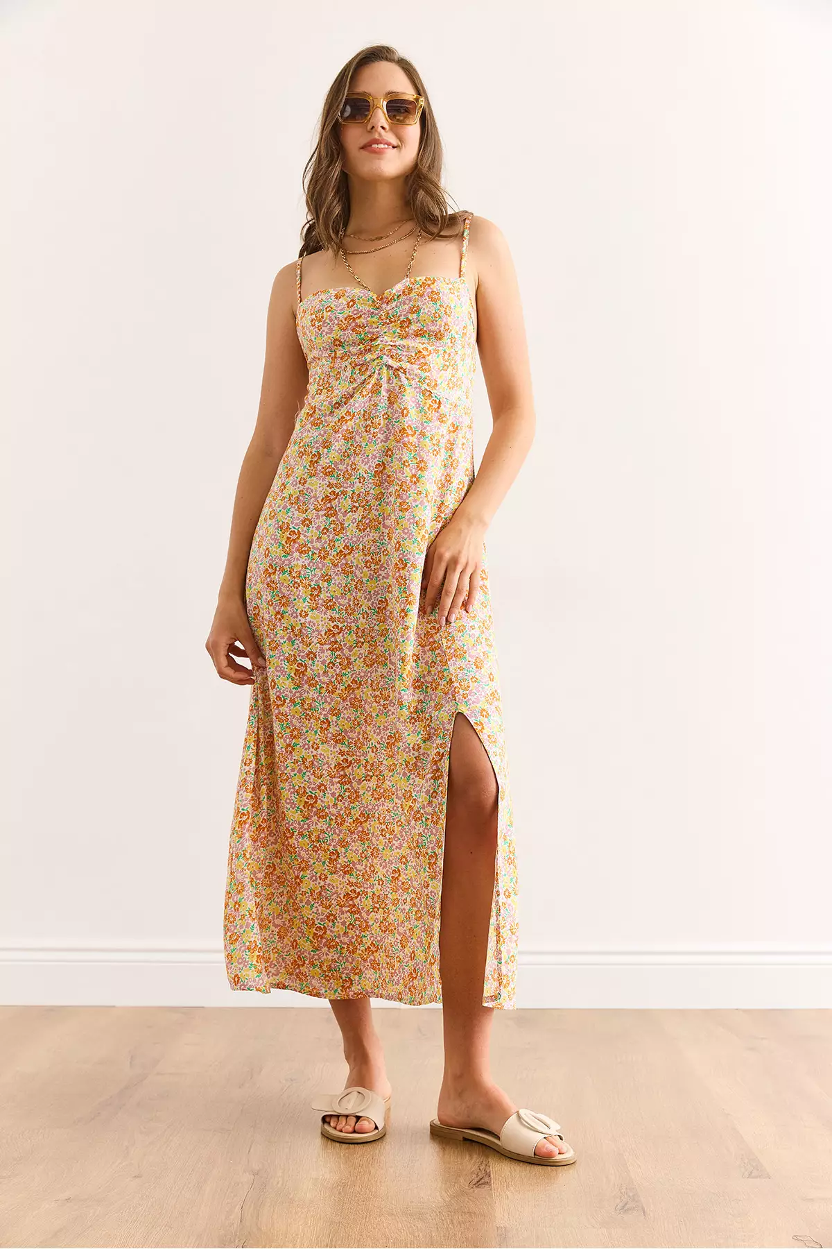 Women's Yellow Orange Strap Adjustable Front Gathered Woven Viscose Dress Elb-19002438