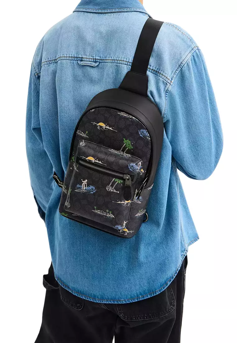 West Pack Bag In Signature Canvas With Surf Print - Charcoal Multi CBJ12