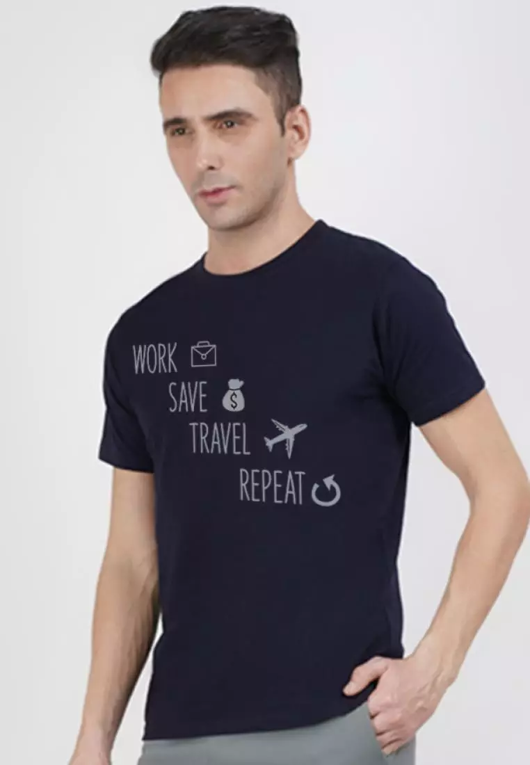 Work Save Travel Navy Blue Cotton Short Sleeve Crew Neck Regular Fit T-Shirt