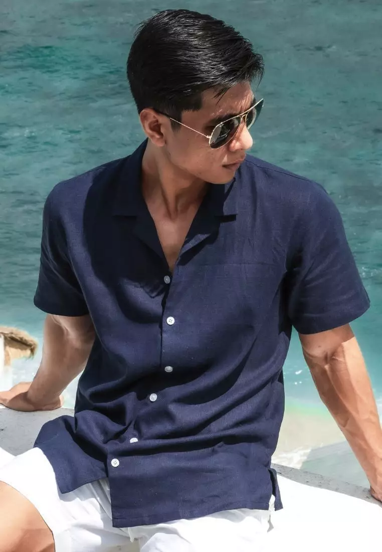 Durban Kemeja Linen Lengan Pendek Pria Navy | Linen Short Sleeve Shirt Men Navy