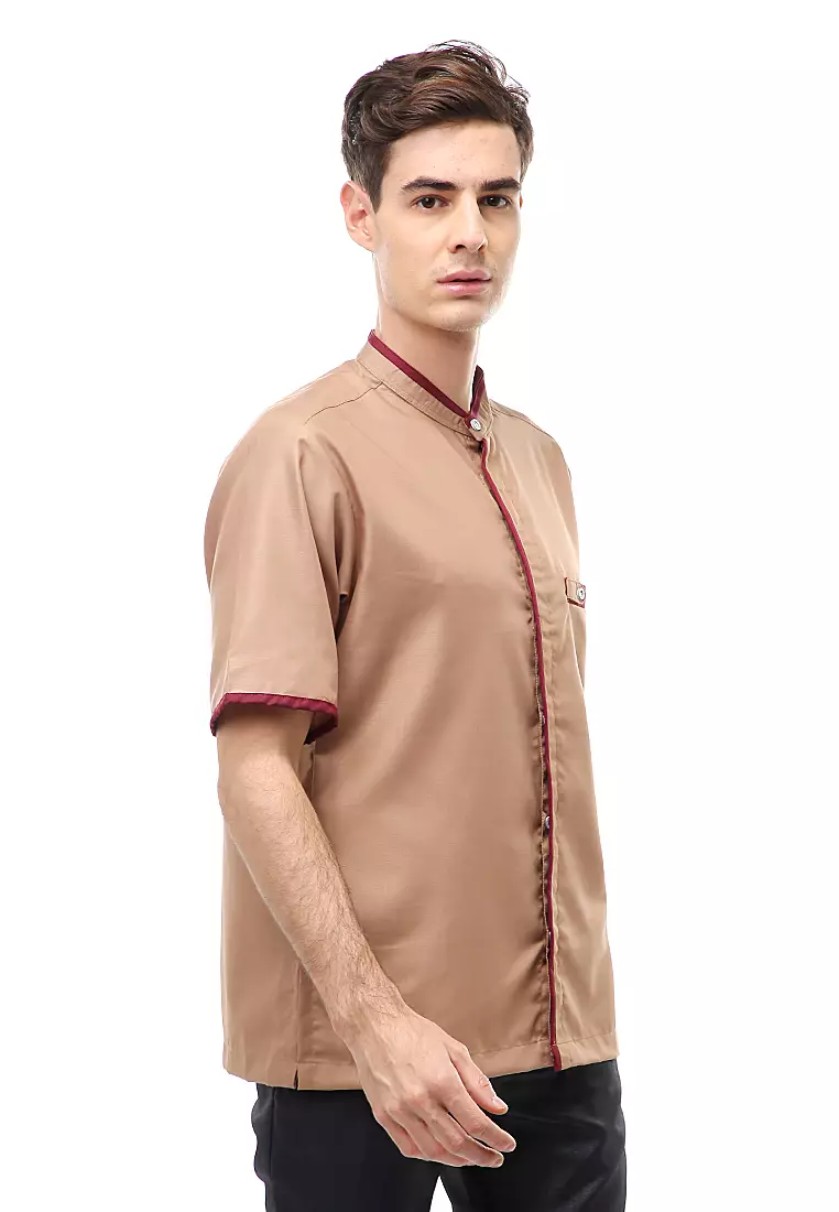Dwan Atasan Formal Pria Kemeja Koko Polos Lengan Pendek Material Cotton ORIGINAL - Mocca