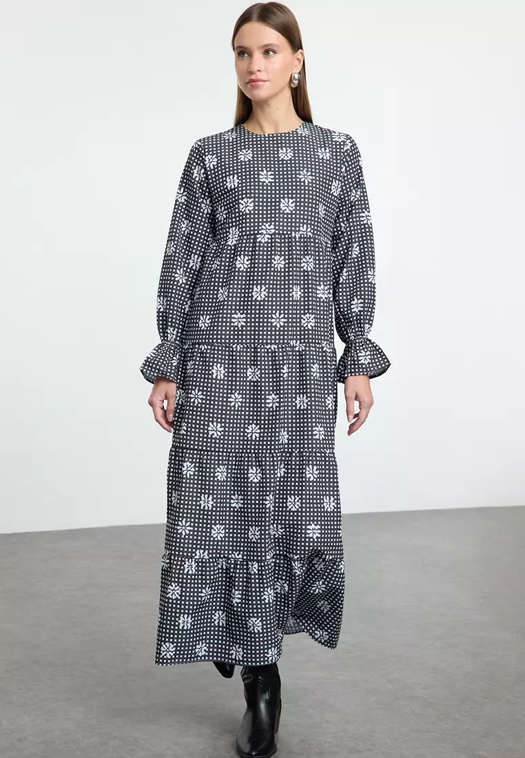 Gingham Floral Printed Sleeve Elastic Detailed Dress