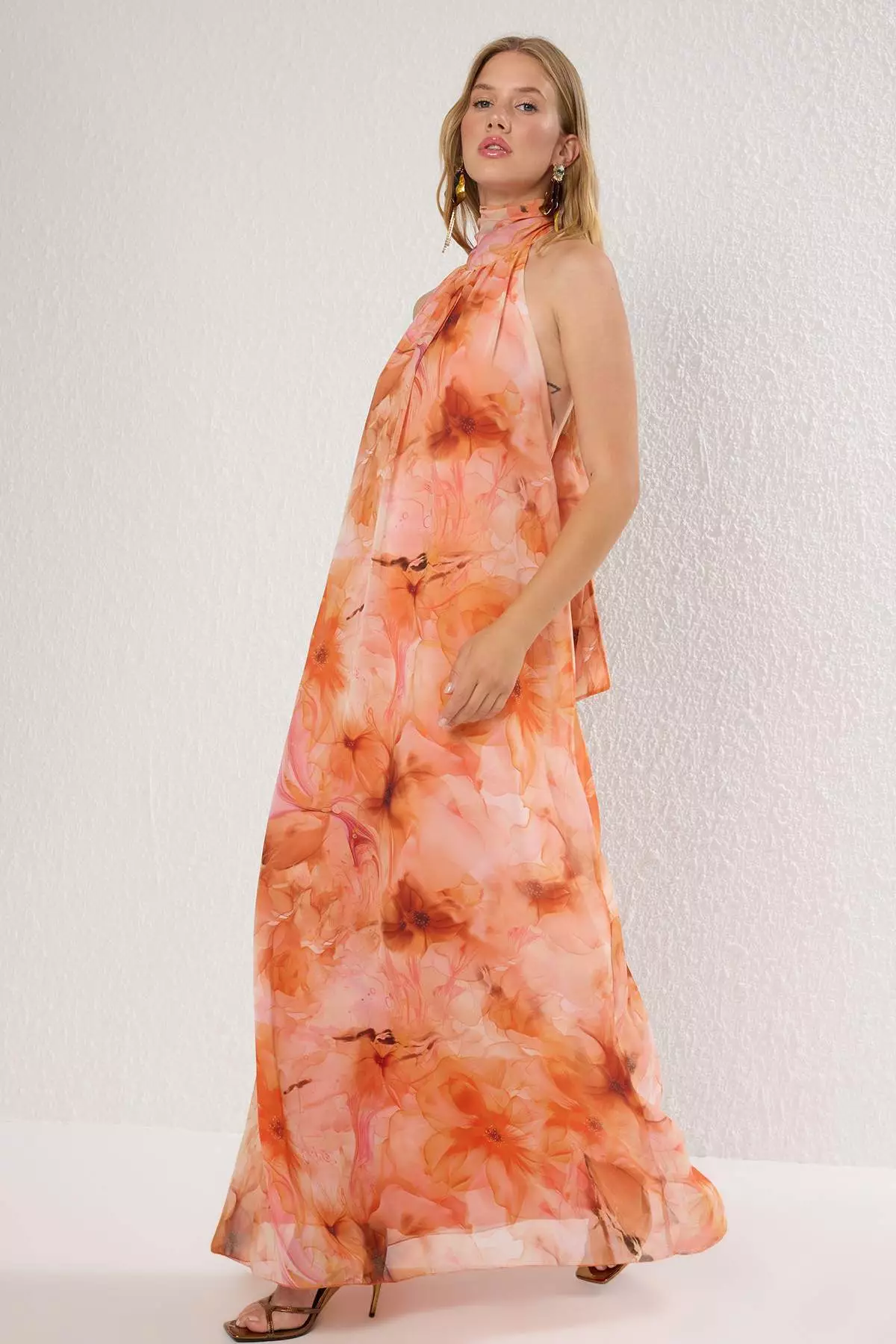 Orange Abstract Patterned Lined Chiffon Long Stylish Evening Dress