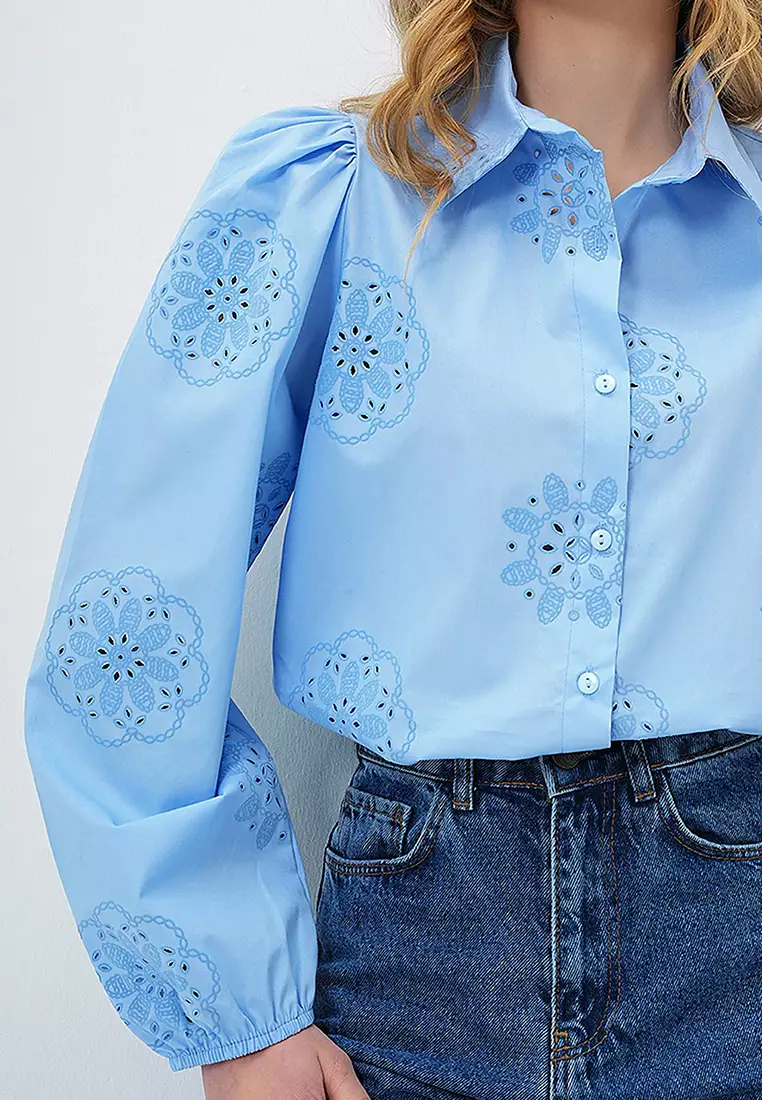 Women's Baby Blue Guipure Woven Premium Shirt Alc-X4366