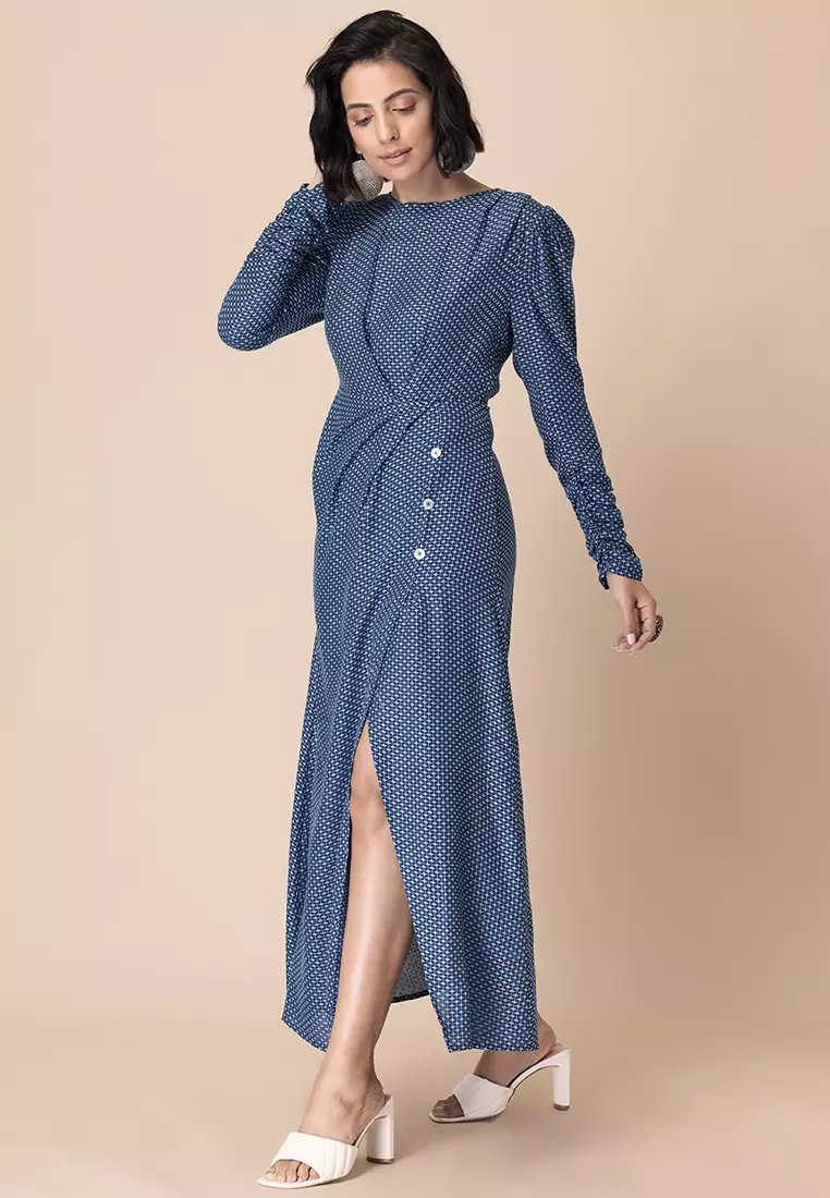 Navy Cross Stitch Draped Maxi Dress