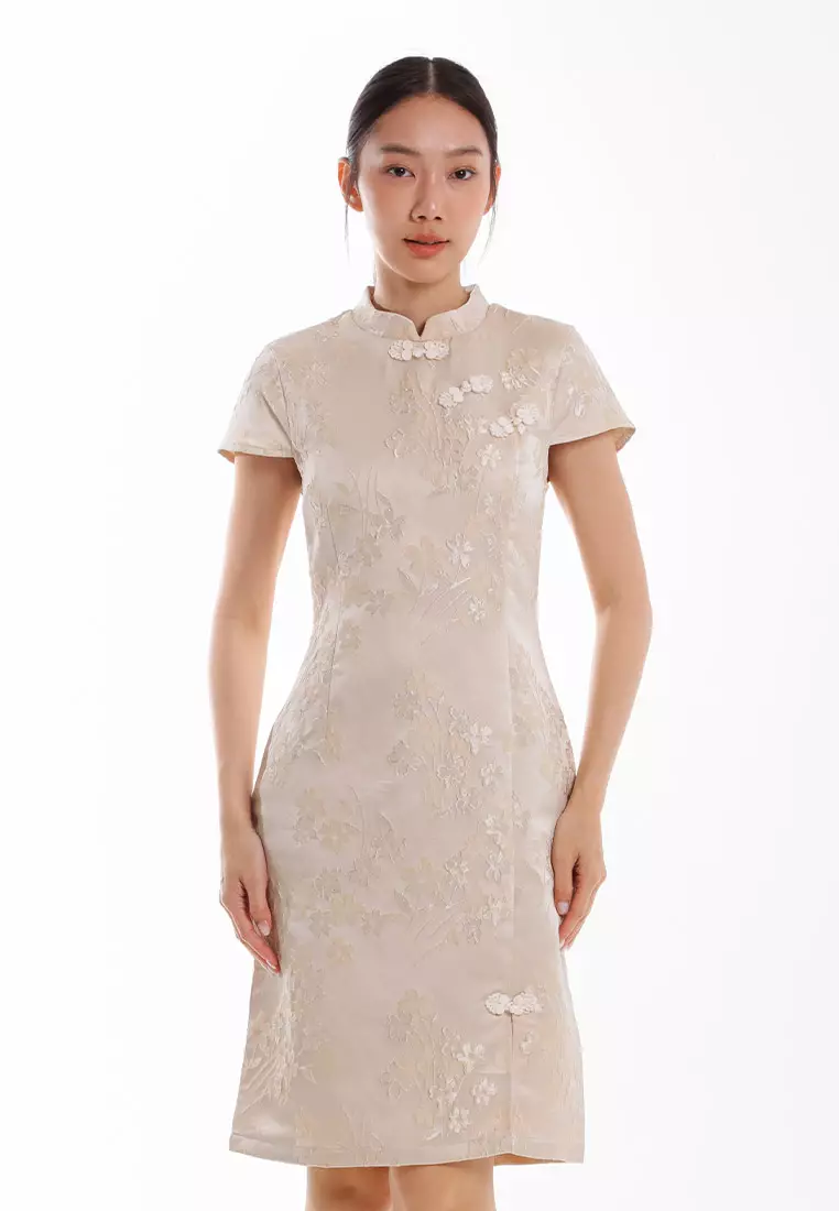 Forest Ladies CNY Cheongsam Jacquard Short Sleeve Dress - 885141-15Beige