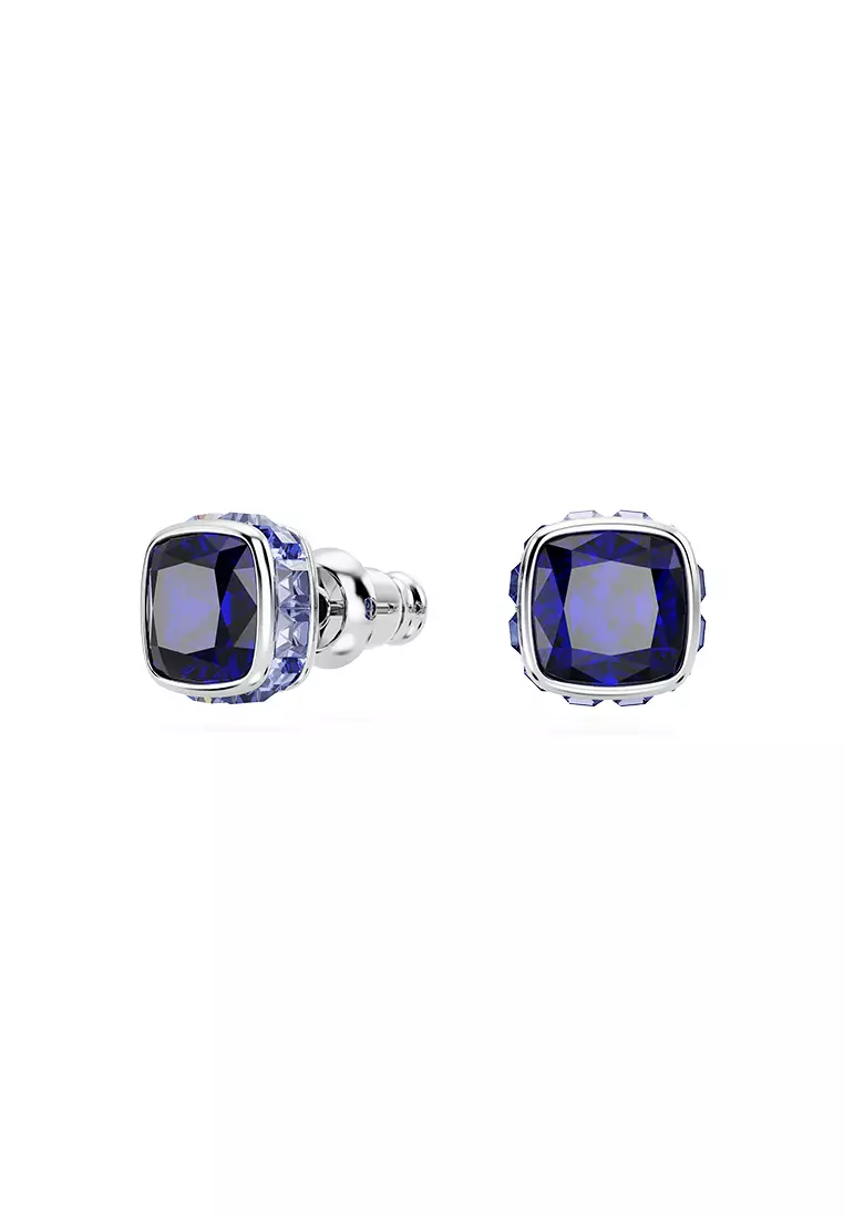 Birthstone Stud Earrings, Square Cut, September, Blue, Rhodium Plated
