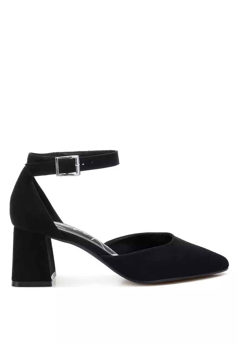 Microfiber Block Heel Sandals in Black