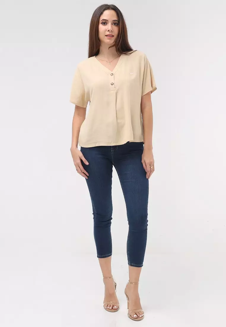 Woven Plain Soft Linen Short Sleeve Blouse