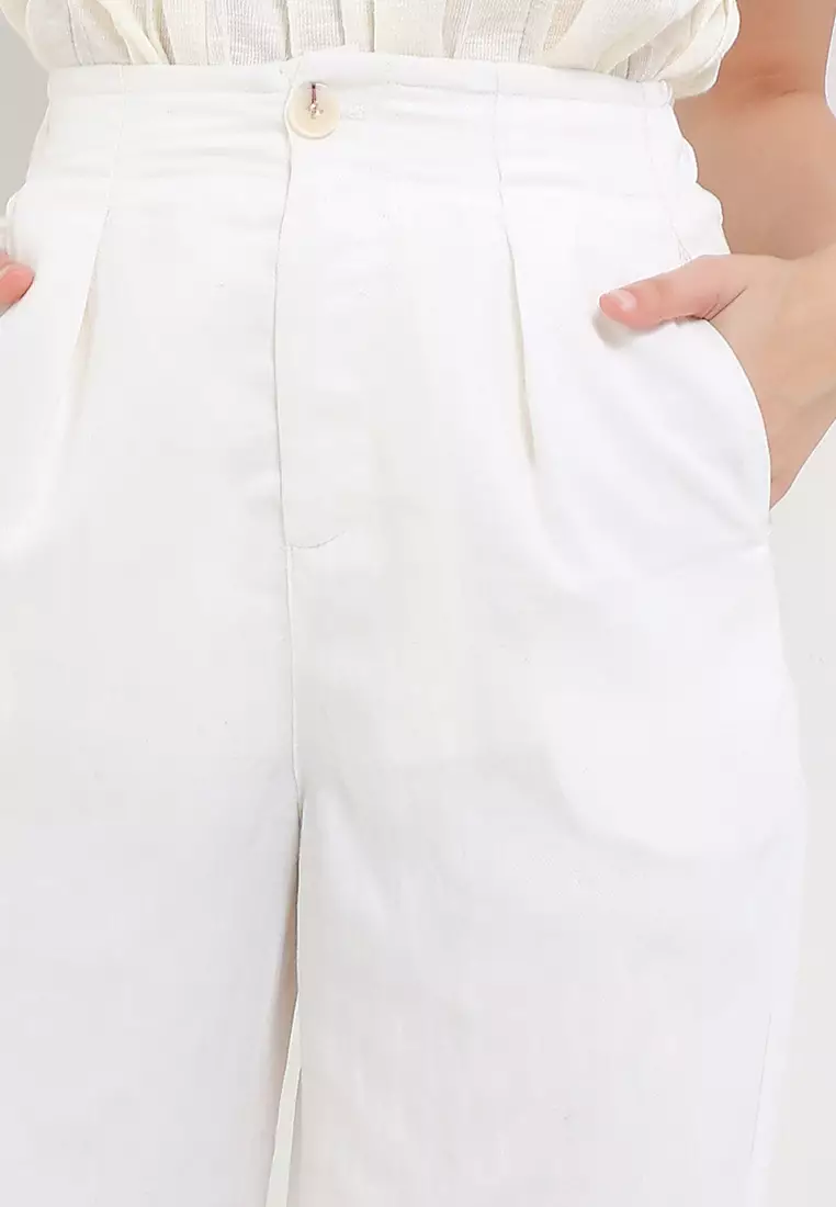 Single Pleats Semi Linen Wide Leg Trousers