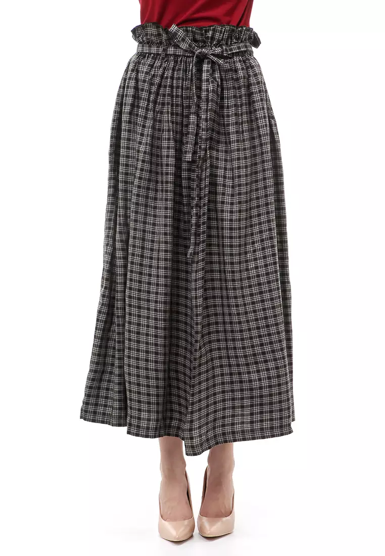 Amel Long Skirt Bawahan Wanita Motif Kotak-Kotak Regular Fit - Black