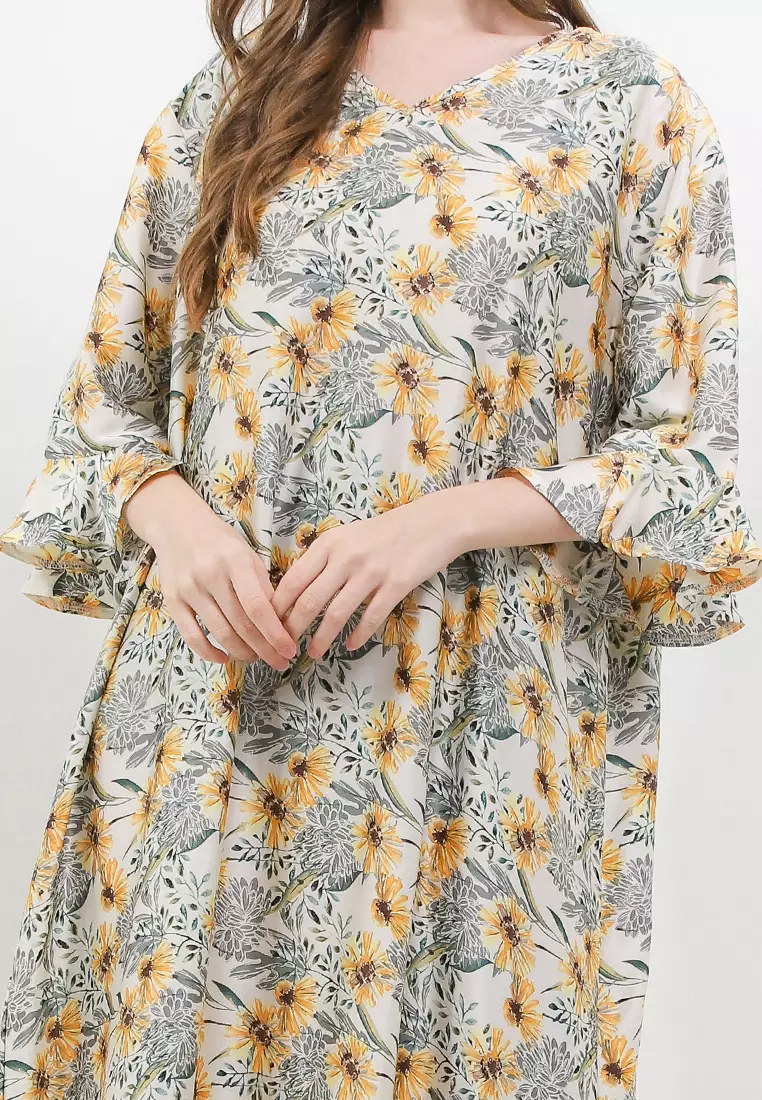 Ruffle Sleeve Printed Sateen Maxi Dress