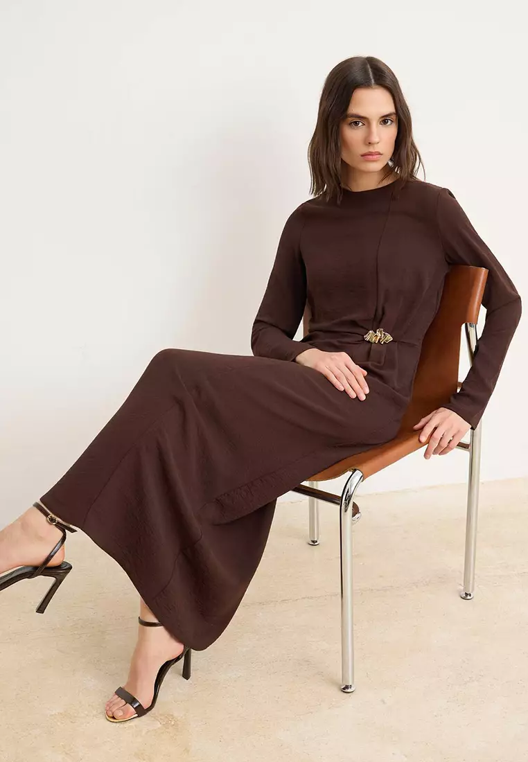 Brown Unlined Plain Woven Dress&Jumpsuit Aerobin Hijab Dress Tctss25Eb00138