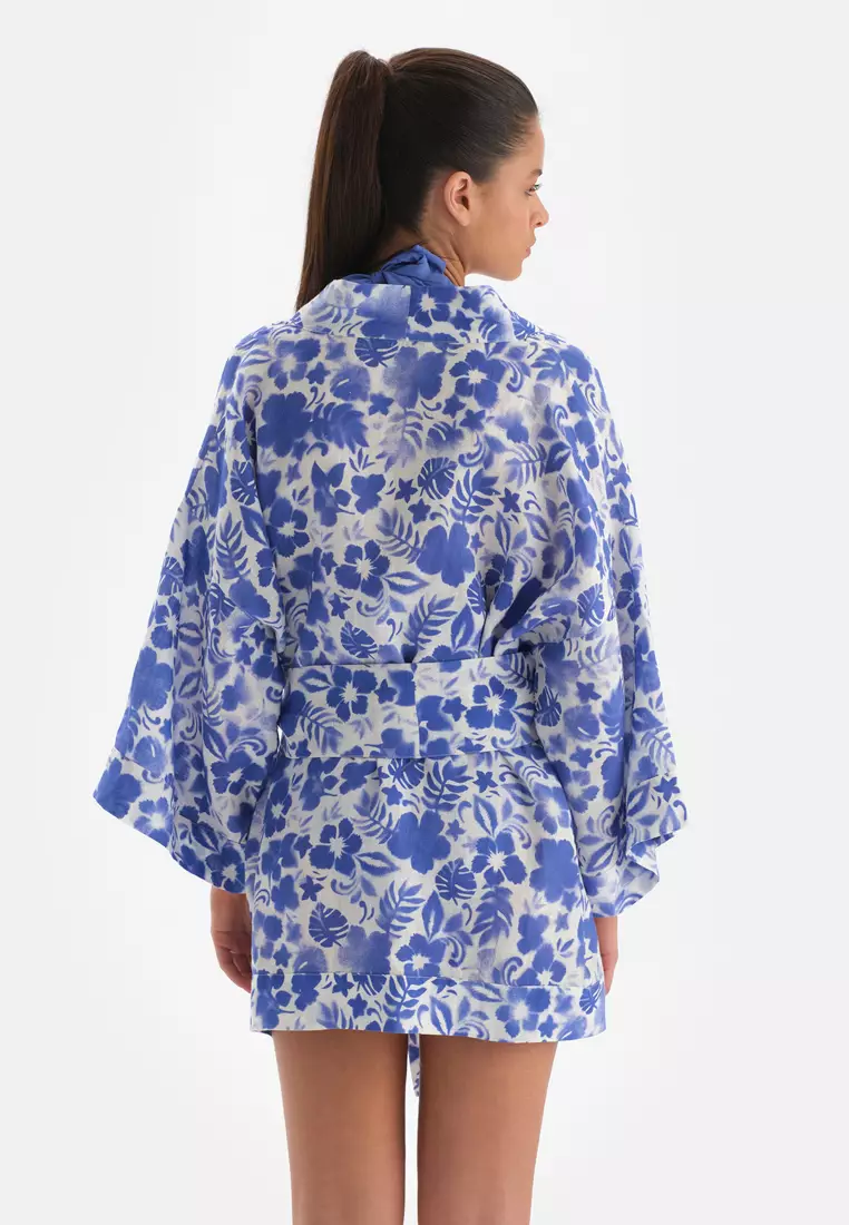 Blue - White Kimono, Floral Printed, Short Sleeve Beachwear for Women