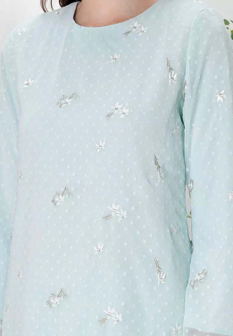 PUTRI Sulaman Emas Chiffon Embroidery Baju Kurung Modern in Mint Green