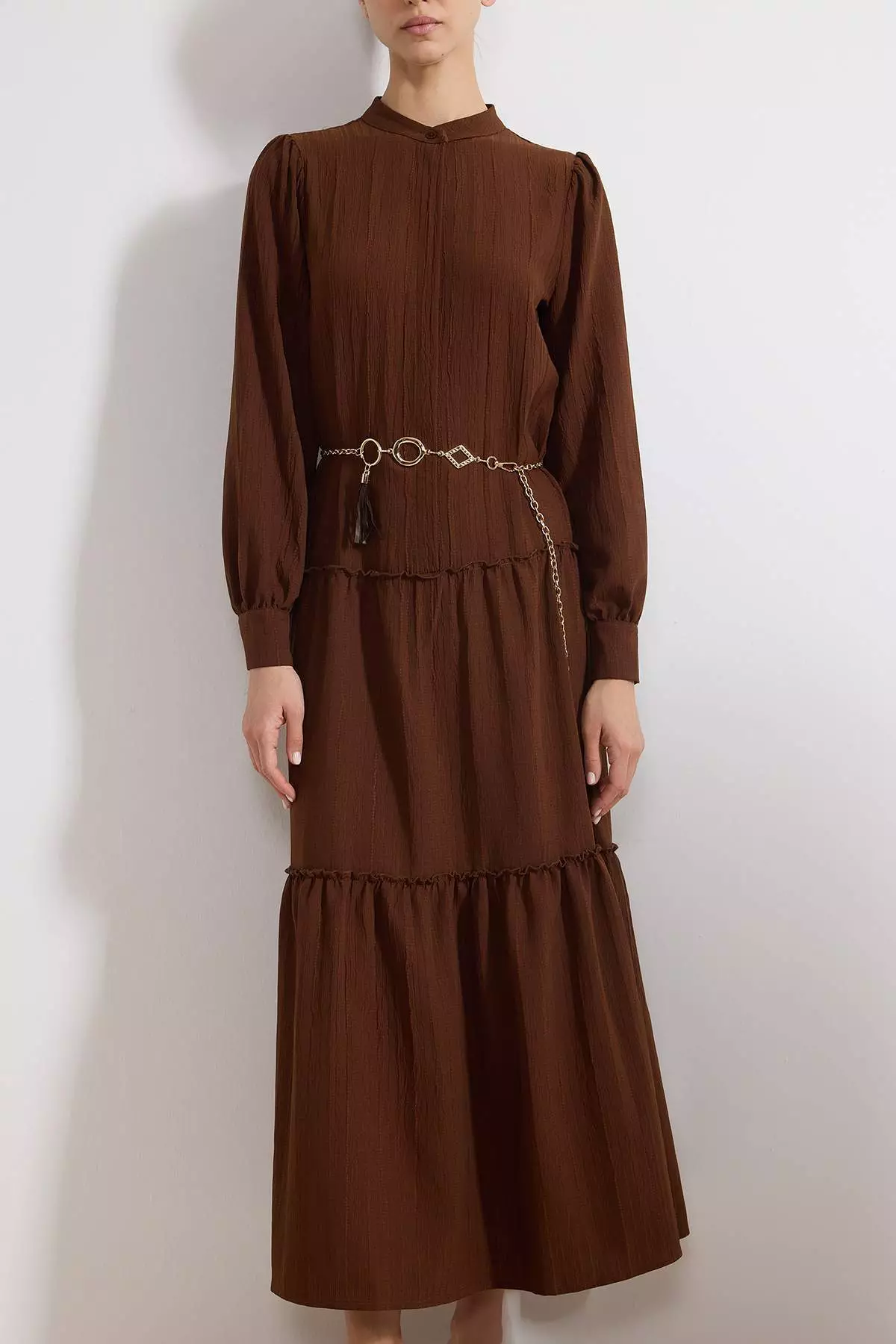 Brown Textured Fabric Chain Belt Detailed Woven Dress Tctss26Eb00034