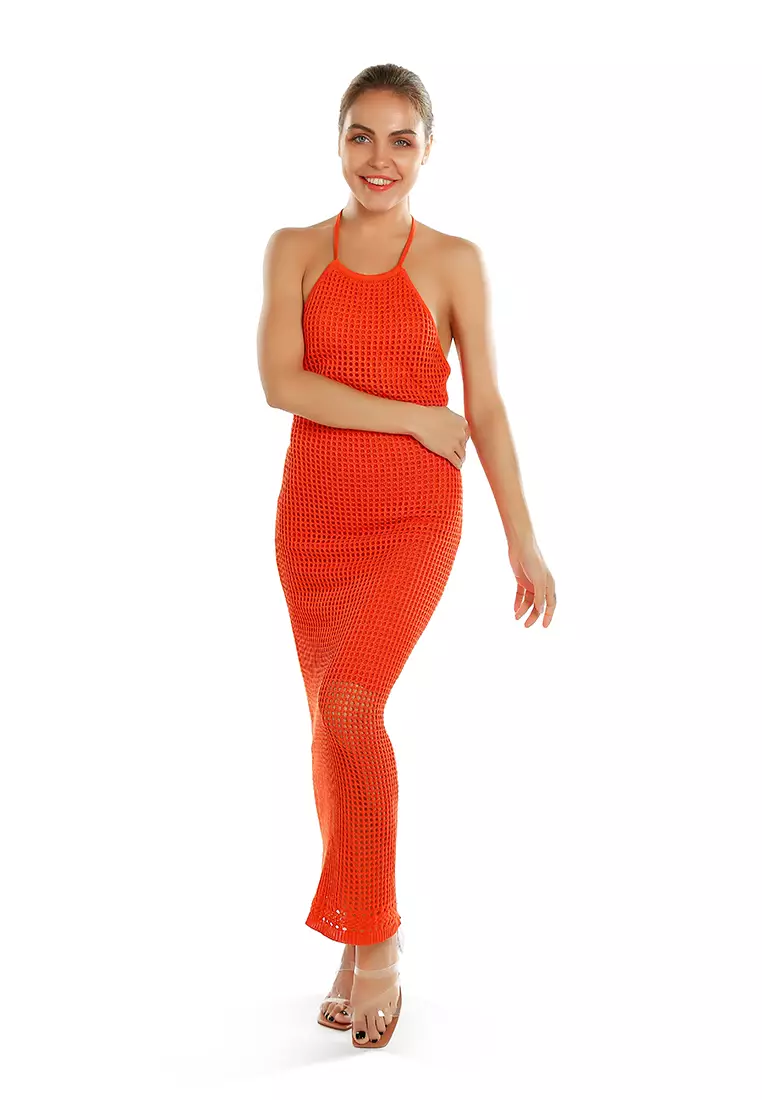 Halter Neck Backless Dress in Orange