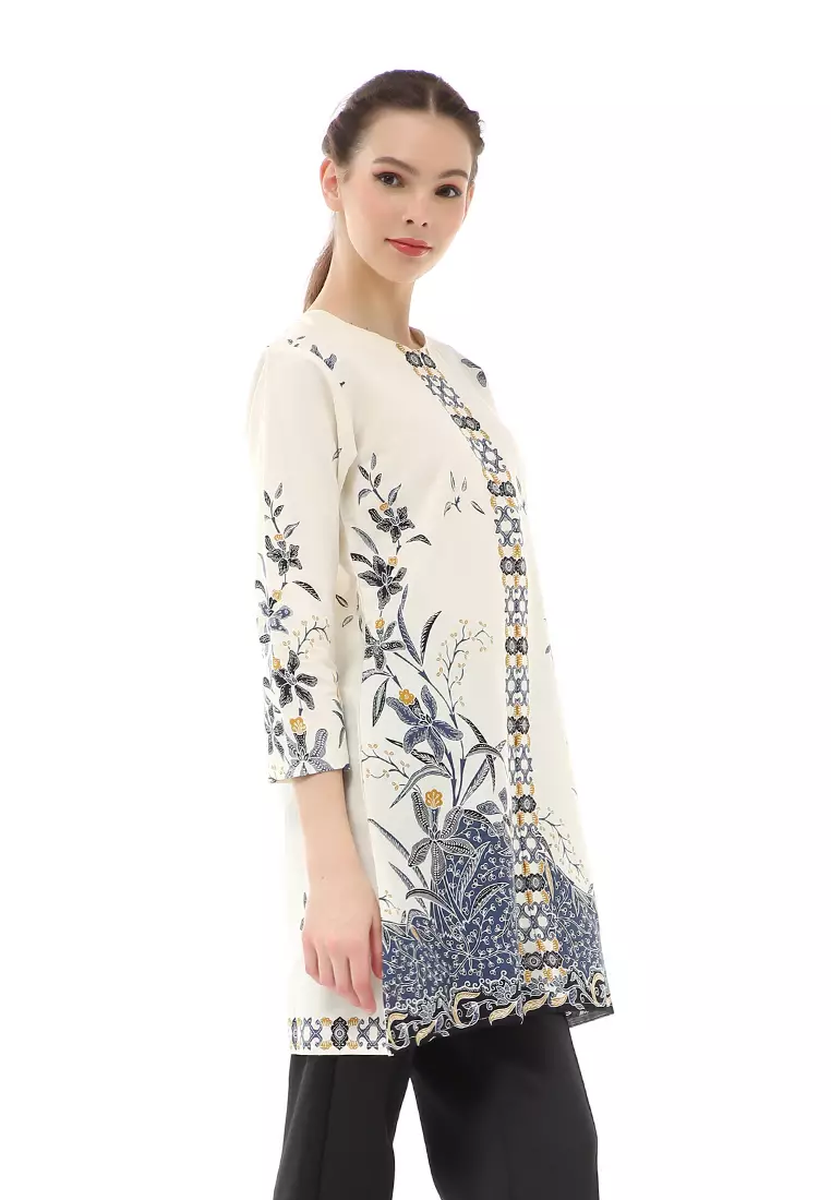 Olaf Atasan Batik Wanita Tunik Traditional Motive Simple Design Material Cotton ORIGINAL - White Blue