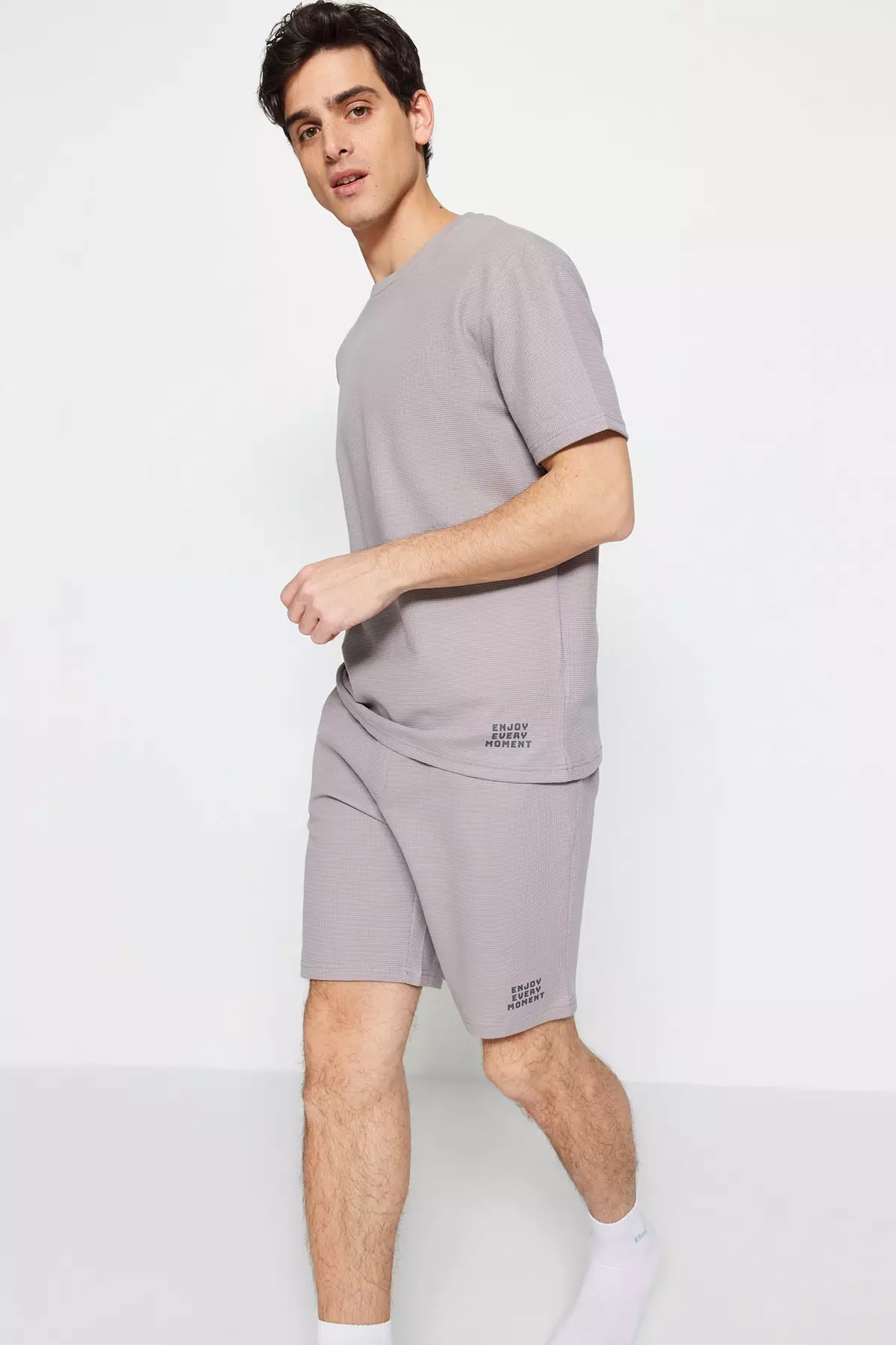 Gray Regular Fit Knitted Shorts Pajamas Set Tmnss23Pt00032