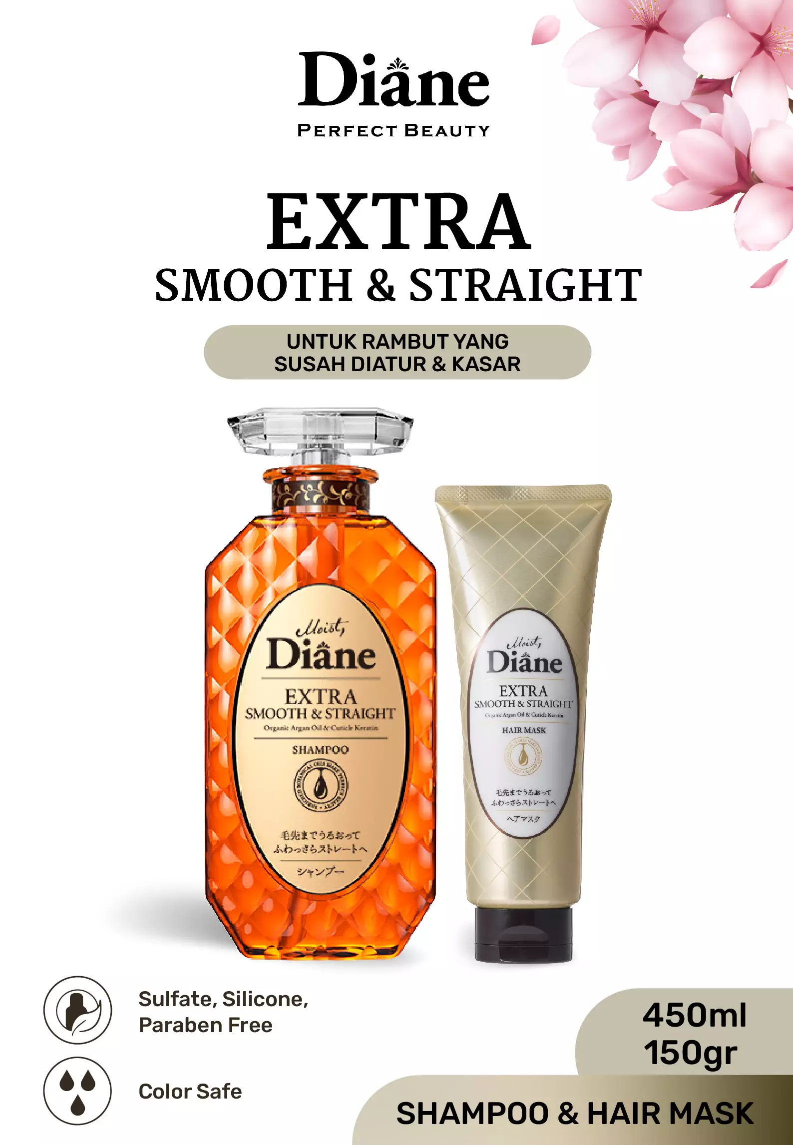 PAKET Moist Diane EXTRA SMOOTH & STRAIGHT Shampoo 450ml + Hair Mask 150g