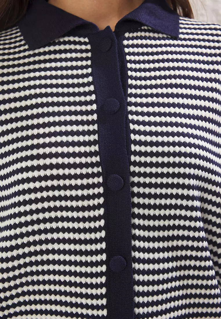 Navy Blue Polo Collar Striped Knit Blouse Twoss25Bz00183