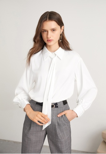 Hopeshow white Collar Ribbon Concealed Button Blouse 1858CAA1829A19GS_1