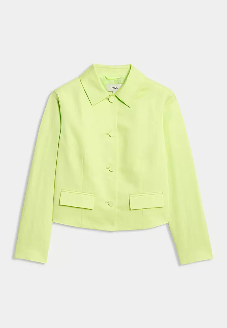 Linen Blend Sheen Single Breasted Cropped Jacket