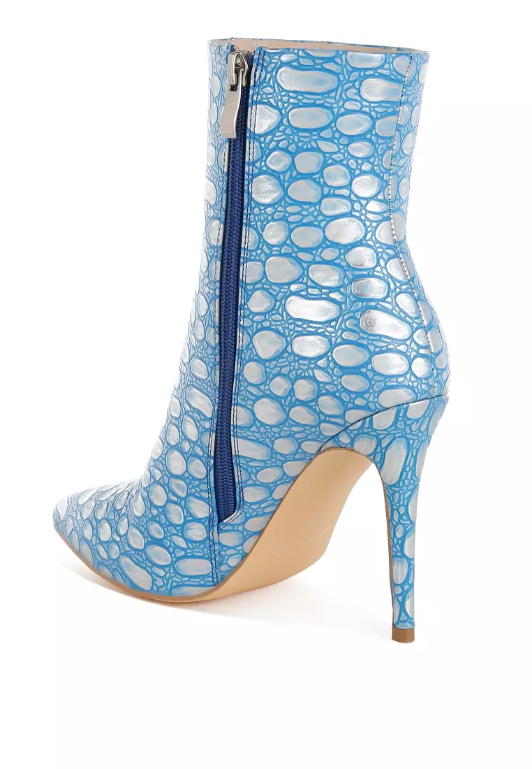 Sepatu bot hak stiletto timbul berwarna biru