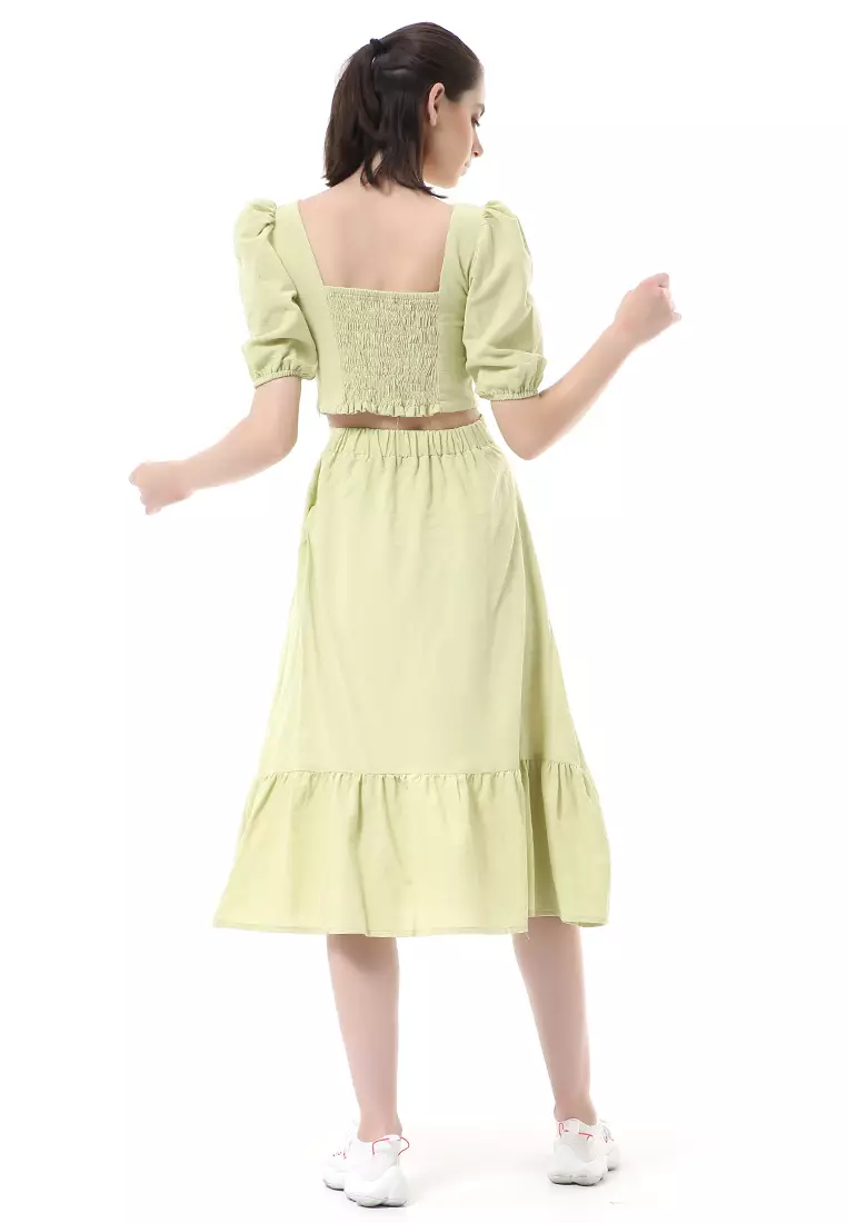 Nayra One Set Setelan Wanita Blouse Ruffle Lengan Pendek Midi Skirt Material Linen ORIGINAL - Green Olive