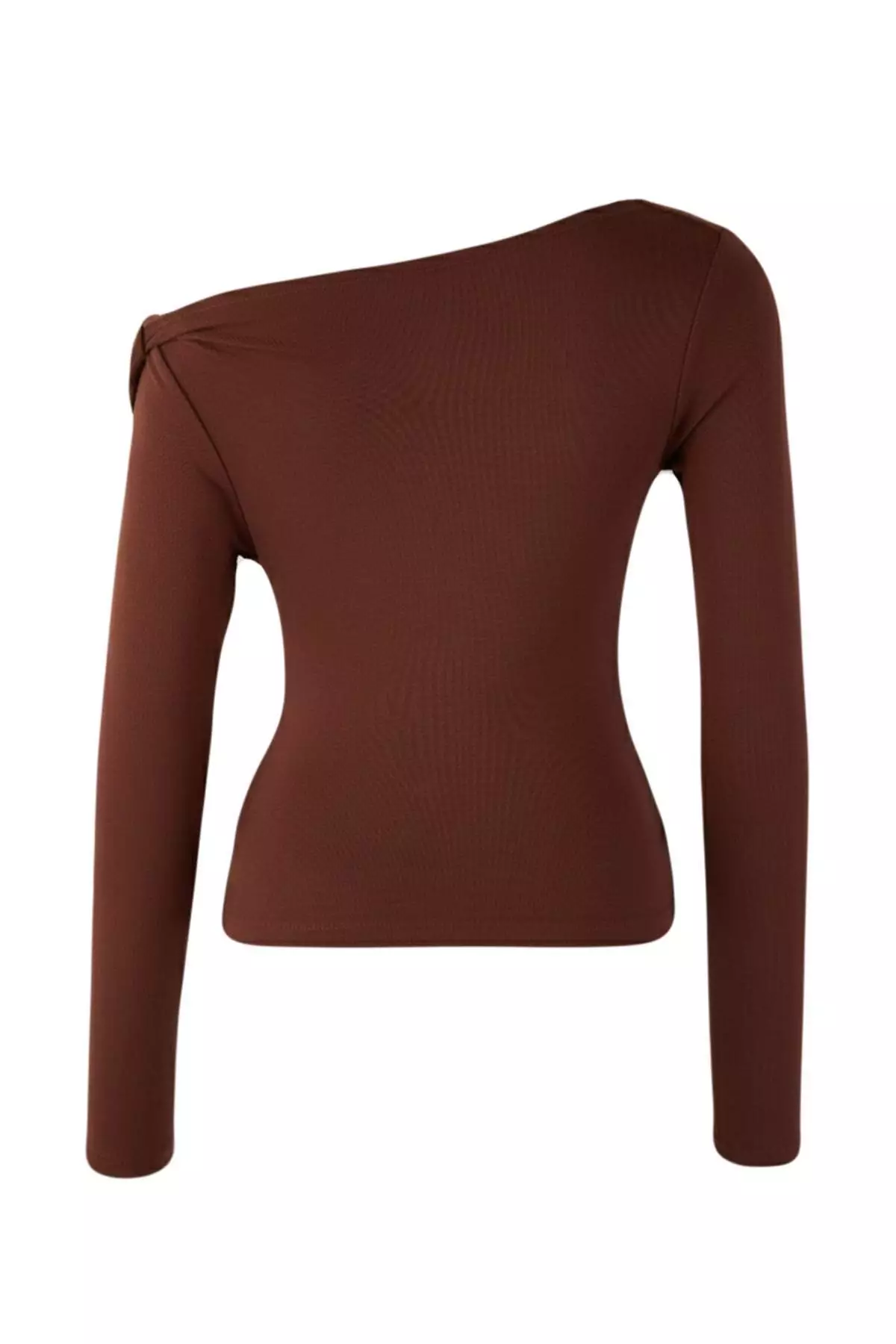 Brown Fitted/Bodycon Asymmetric Neckline Detailed Soft Fabric Knitted Blouse Twoaw26Bz88