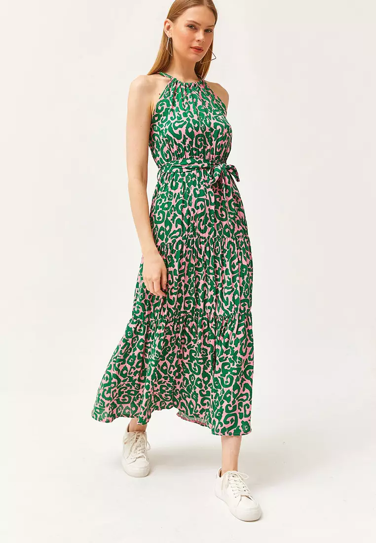 Halter Neck Belted Woven Viscose Dress