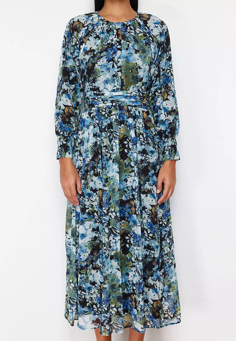 Black Blue Floral Sash Detailed Woven Dress TCTSS24EB00045