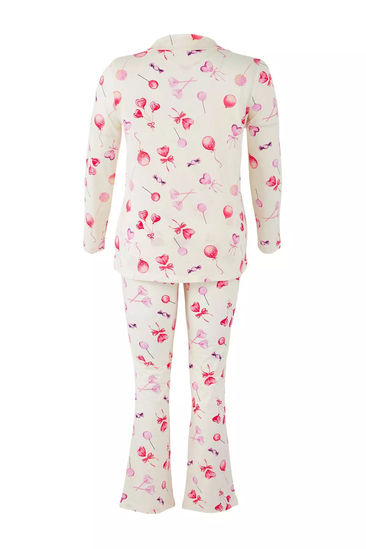 Ecru 100% Cotton Heart Patterned Shirt-Pants Knitted Pajama Set Tbbaw26Ai00017