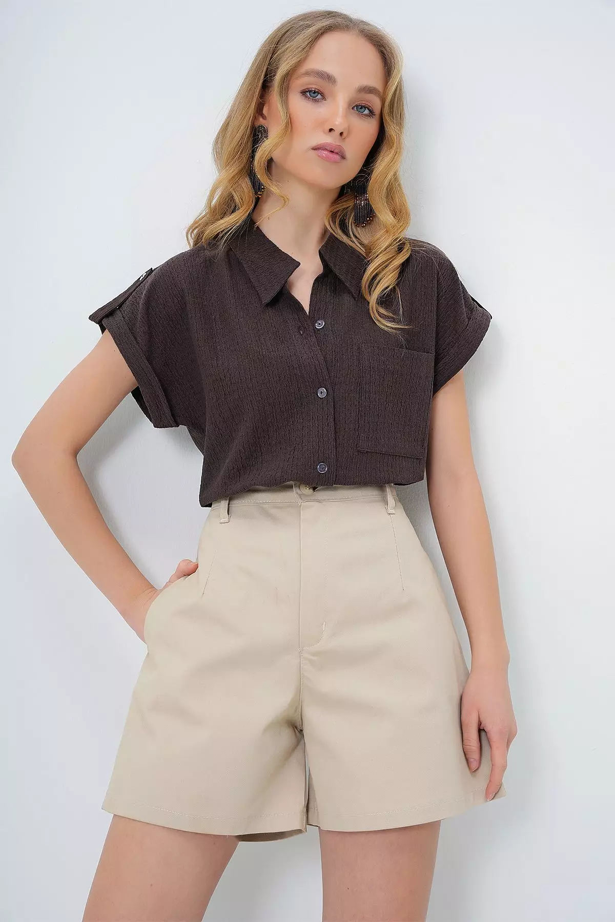 Women's Brown Cuffed Double Short Sleeve Textured Shirt