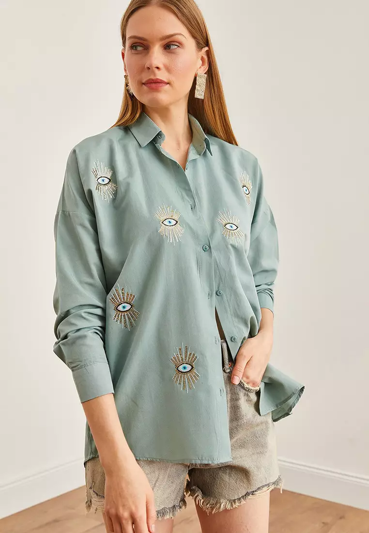 Eye Sequin Detailed Woven Boyfriend Shirt
