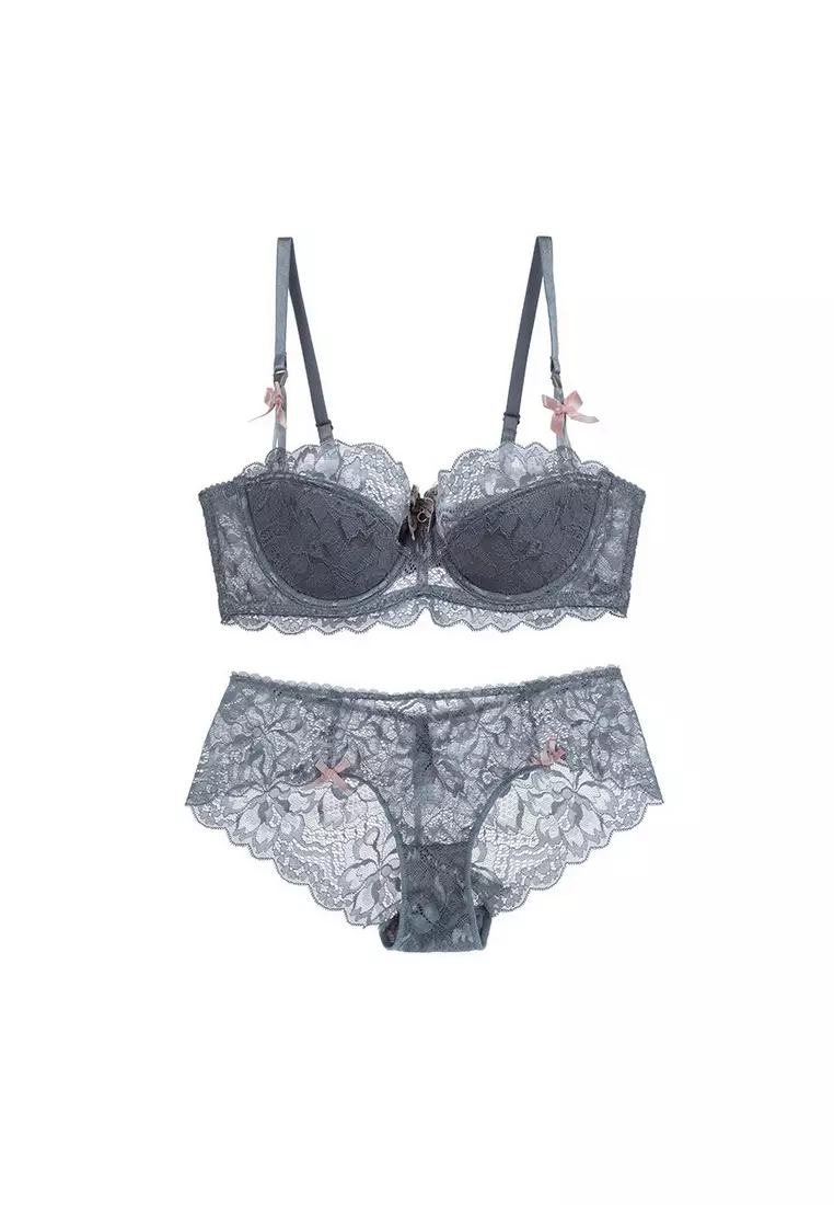 誘人蕾絲內衣套裝（文胸和內褲）- 灰色