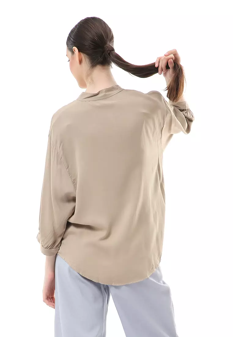 Ghita Kemeja Atasan Wanita Motif Polos Long Sleeve High Quality - Khaki