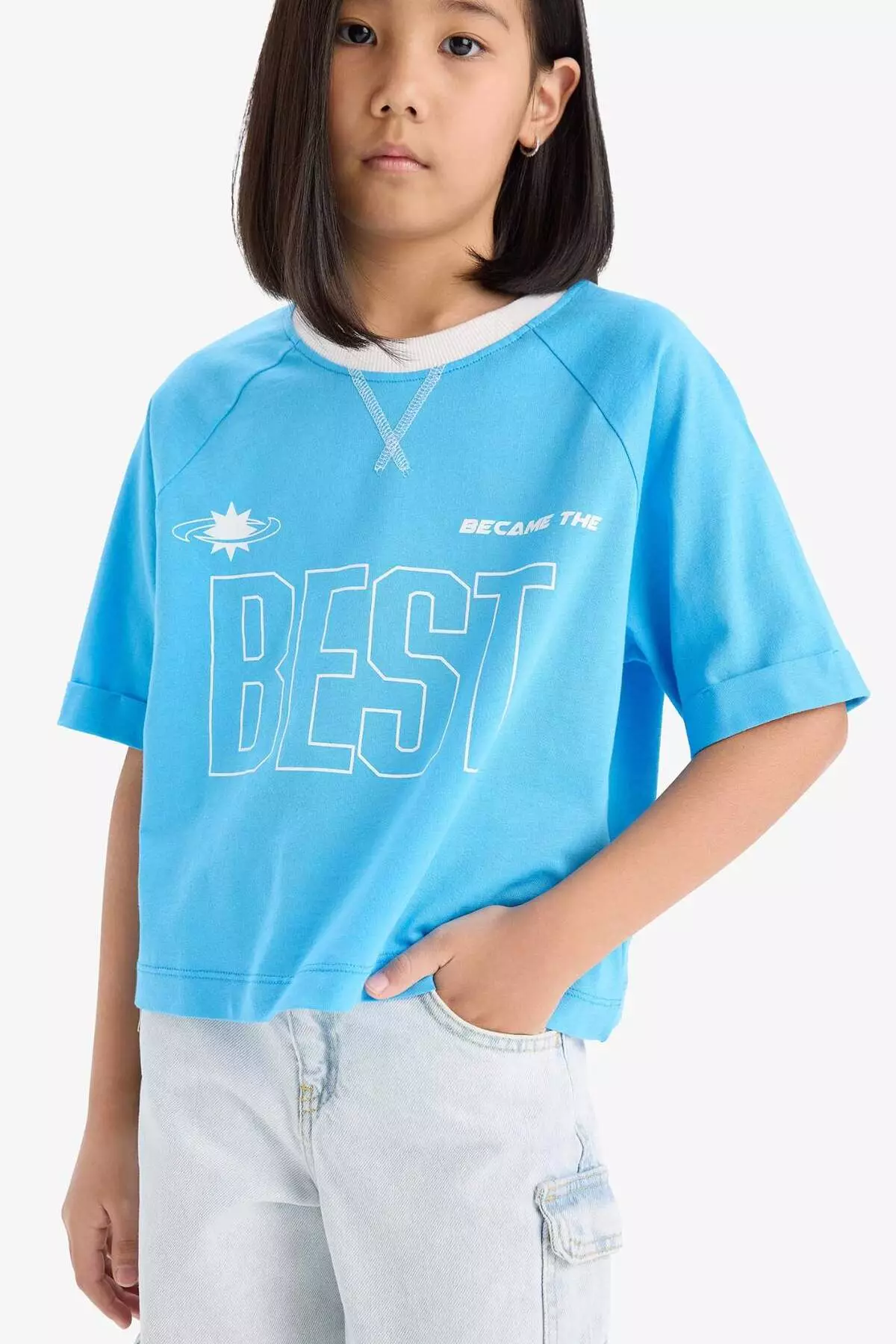 Girls' Boxy Fit Crew Neck Printed Short Sleeve T-Shirt E1896A825Sm